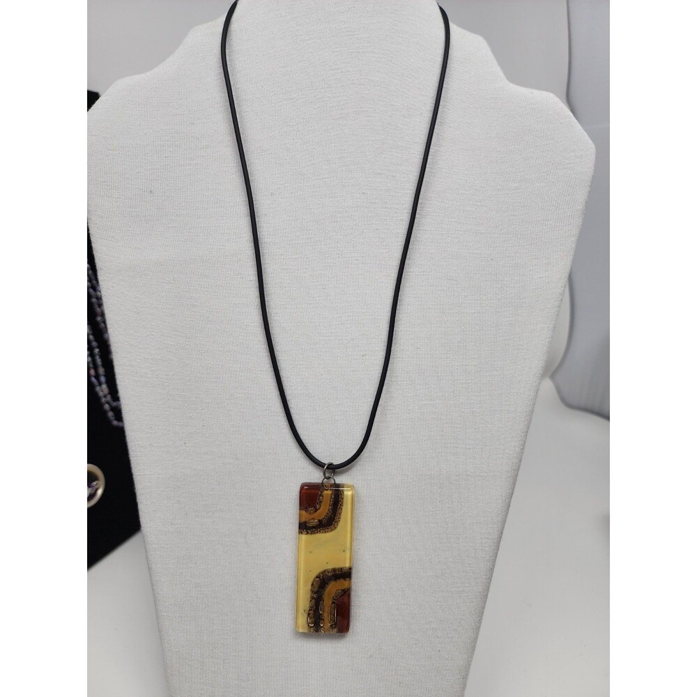 Fused Glass LAMPWORK Rectangle Pendant Tribal Bubble Amber Yellow Cord Necklace